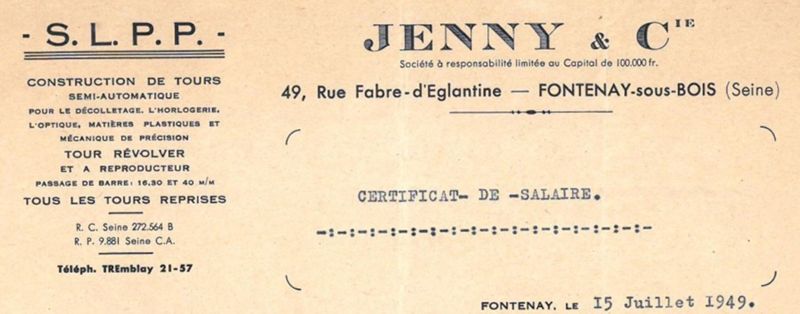 Entreprise Jenny & Cie, 49 rue Fabre-d'Eglantine