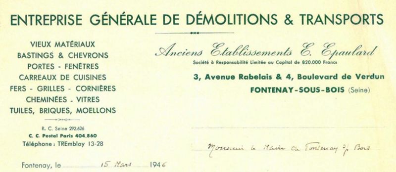 Entête de l' entreprise E. Epaulard, 3 avenue Rabelais, 1946