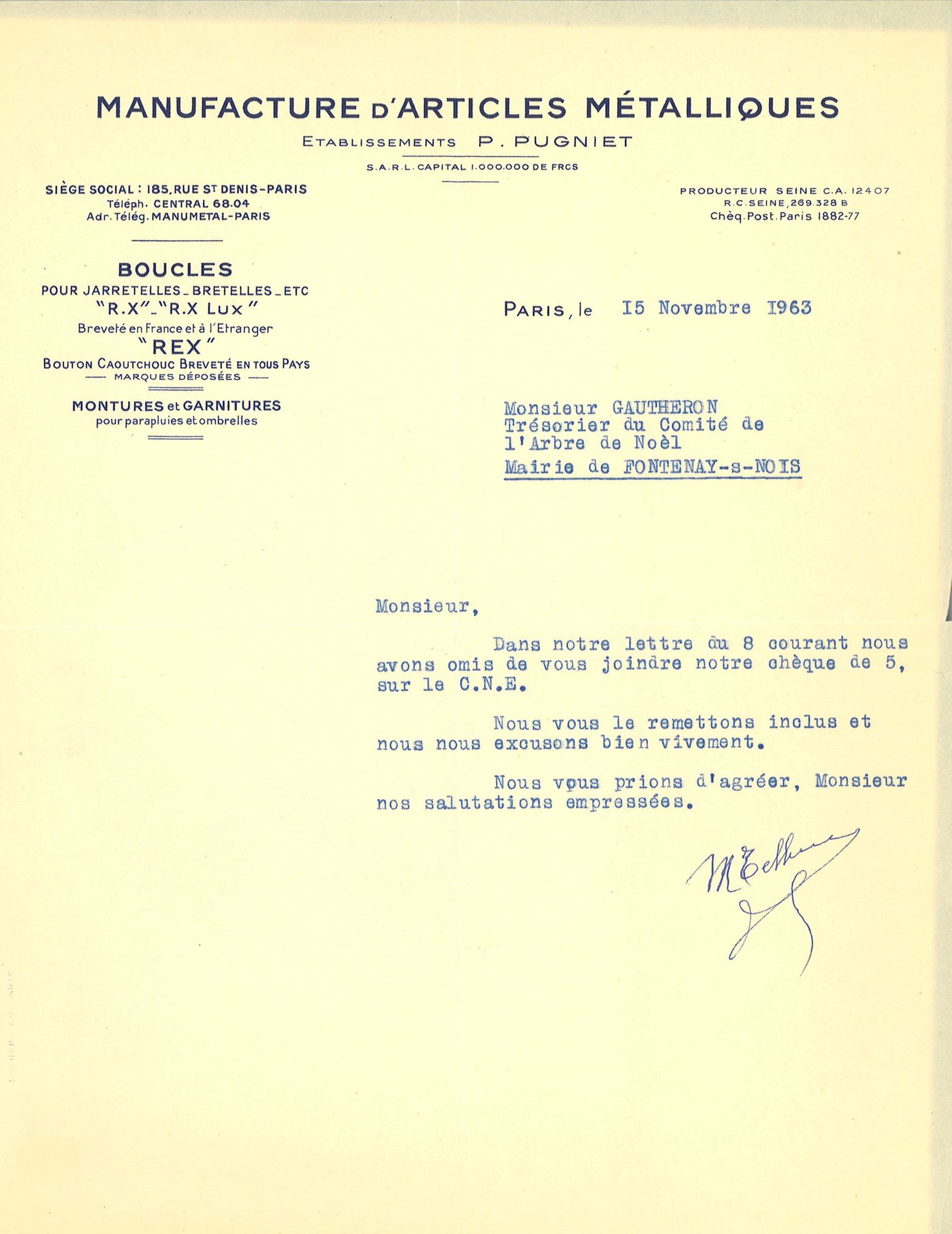 Lettre à en-tête entreprise Pugniet, 1963