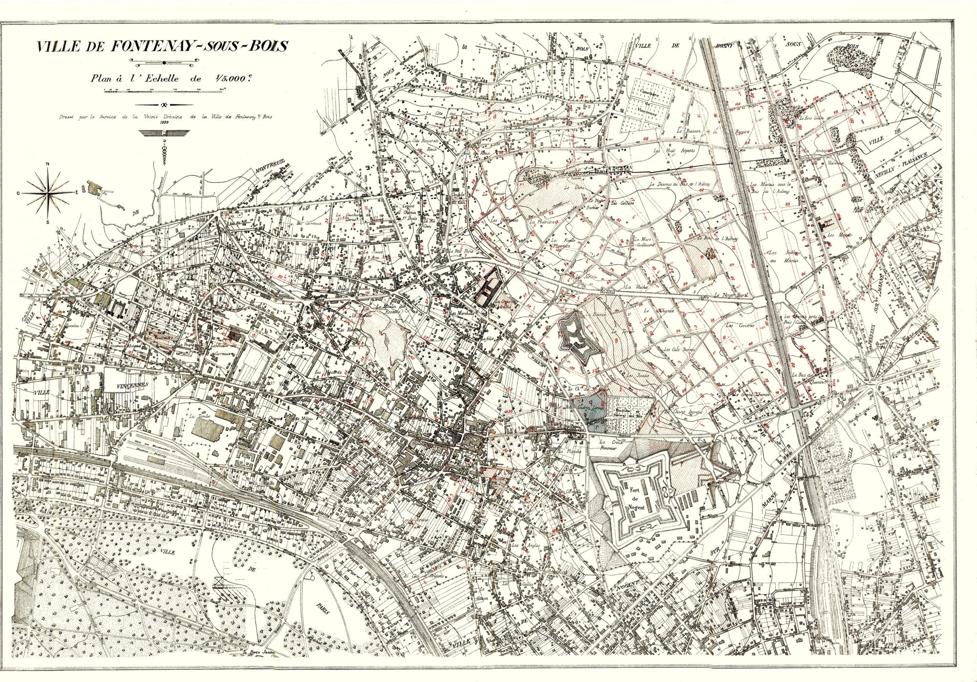 Plan de Fontenay-sous-Bois dressé par le Service de la Voirie Urbaine de la Ville de Fontenay-sous-Bois. 1939