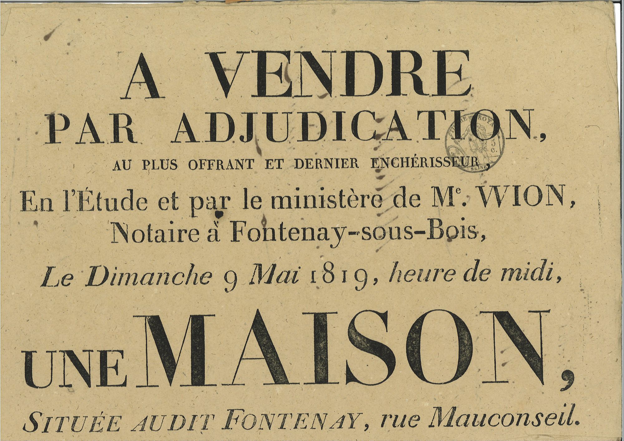 Vente aux enchères d'une maison rue Mauconseil, 9 mai 1819