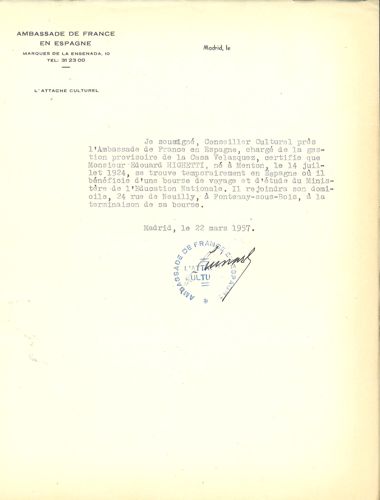 Certificat du conseiller culturel de l'ambassade de France en Espagne, 1957