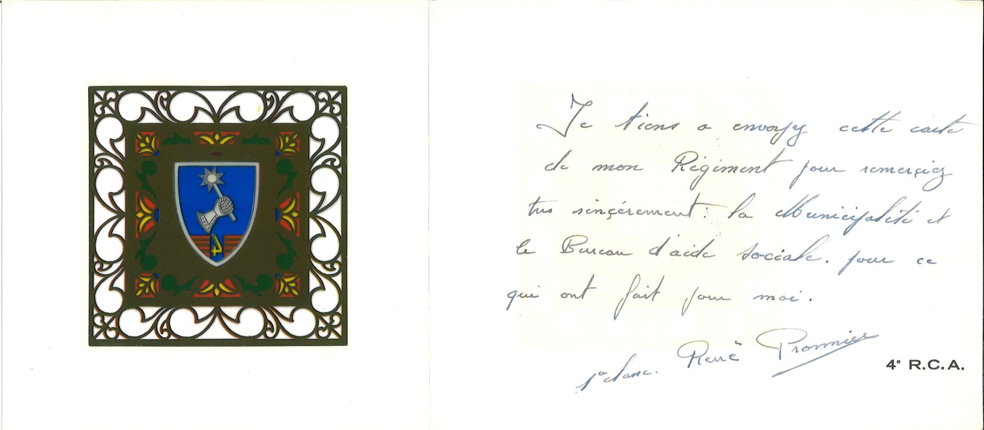 Carte de remerciement d'un soldat fontenaysien, 1962