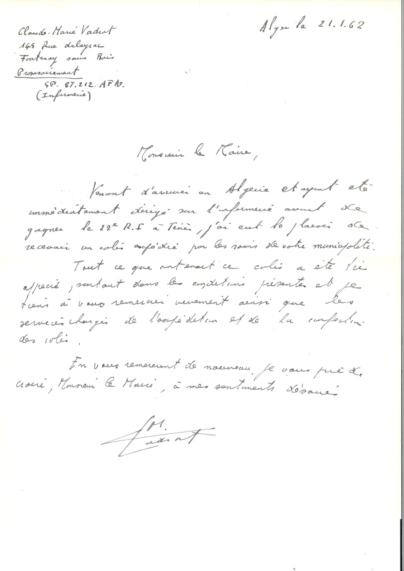 Lettre de remerciement d'un soldat fontenaysien, 1962
