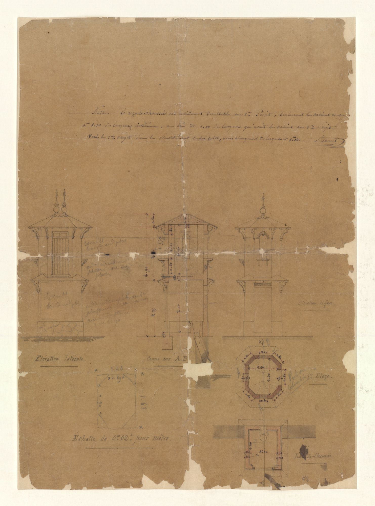 Croquis restauré du 1er projet de l'élévation latérale
