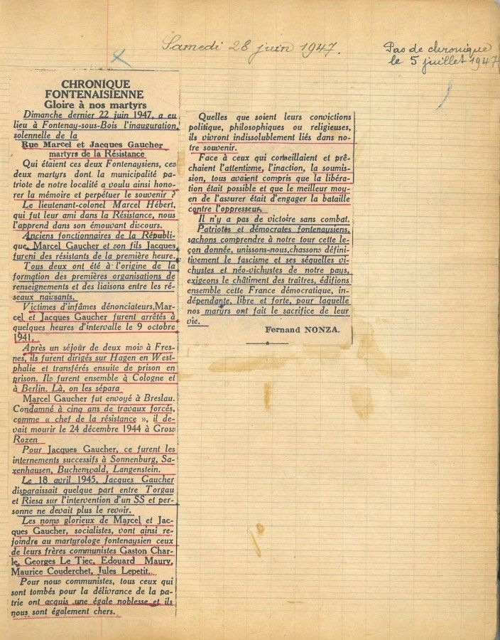 Inauguration de la rue Marcel-et-Jacques-Gaucher, extrait des chroniques de Fernand Nonza, 1947, archives municipales de Fontenay-sous-Bois