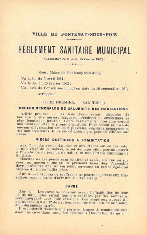 Règlement sanitaire municipal, daté du 11 octobre 1927