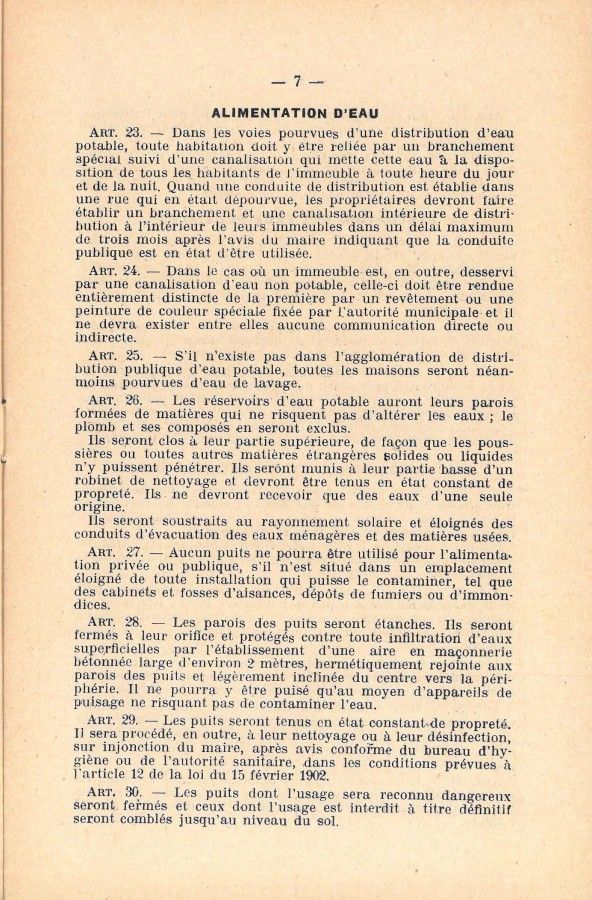 Règlement sanitaire municipal, daté du 11 octobre 1927