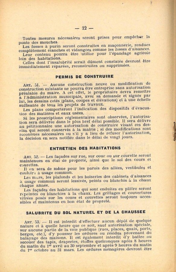 Règlement sanitaire municipal, daté du 11 octobre 1927