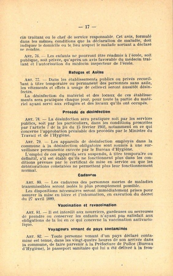 Règlement sanitaire municipal, daté du 11 octobre 1927