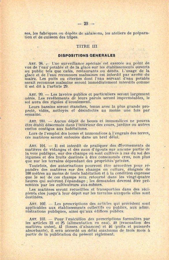 Règlement sanitaire municipal, daté du 11 octobre 1927