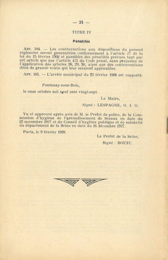 Règlement sanitaire municipal, daté du 11 octobre 1927