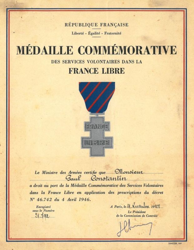 Certificat de remise de la médaille La France Libre, 1946