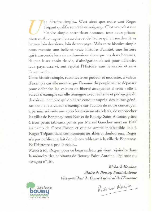 Remerciement de Richard Messina, maire de Boussy-Saint-Antoine