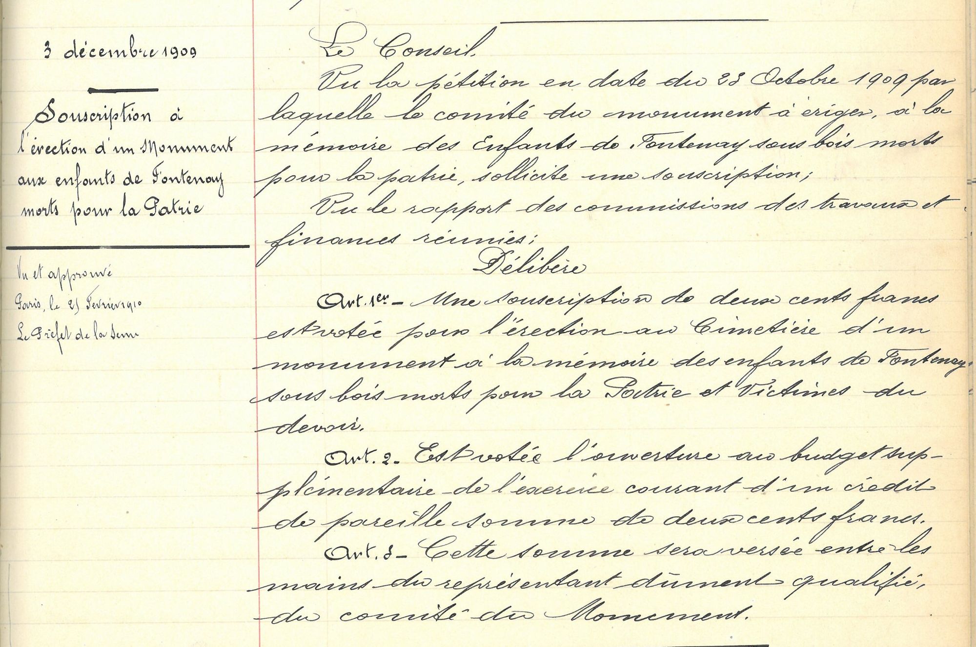 Délibération municipale du 3 décembre 1909.