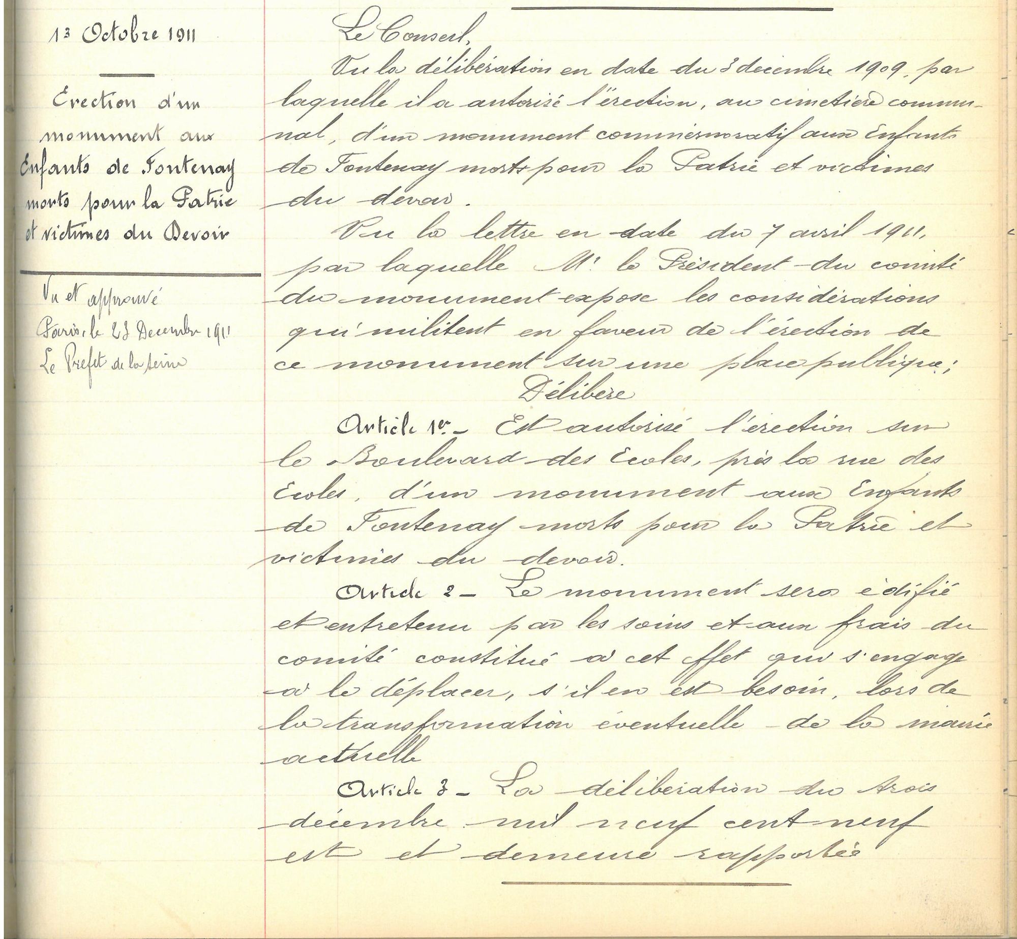 Délibération municipale du 13 octobre 1911