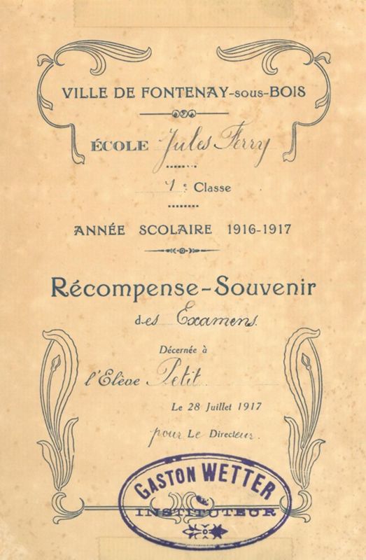 Récompense scolaire, 1917