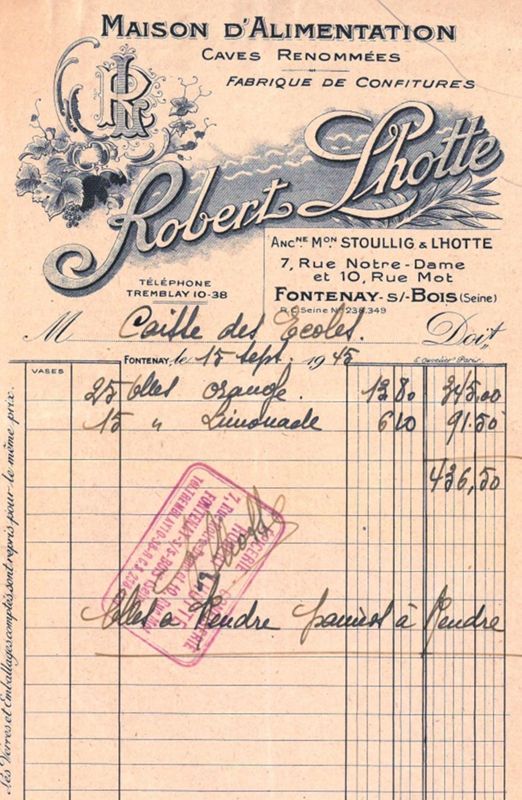 Facture à entête de la maison d'alimentation Robert Lhotte, 1945. 