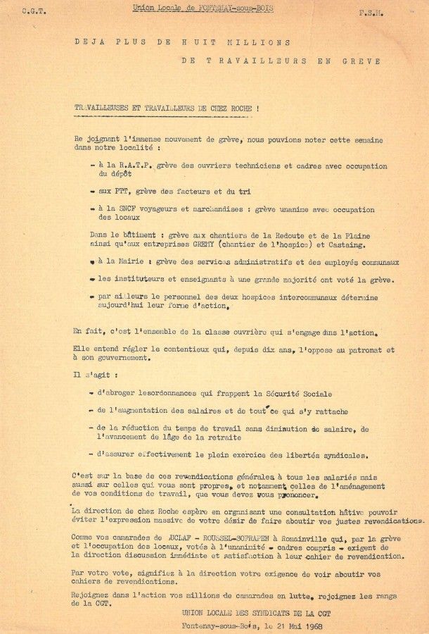 Tract de la CGT-FSM adressé aux employés de la société Roche, 21 mai 1968.
