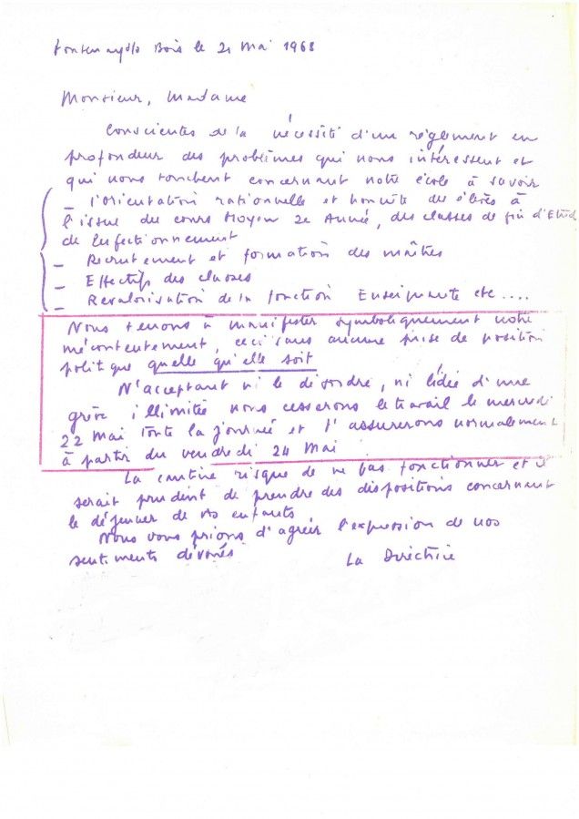 Lettre d' enseignants de Fontenay annonçant aux parents un jour de grève, 21 mai 1968. 