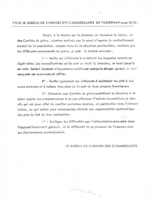 Déclaration du comité de coordination des travailleurs en grève et l'Union des commerçants de Fontenay