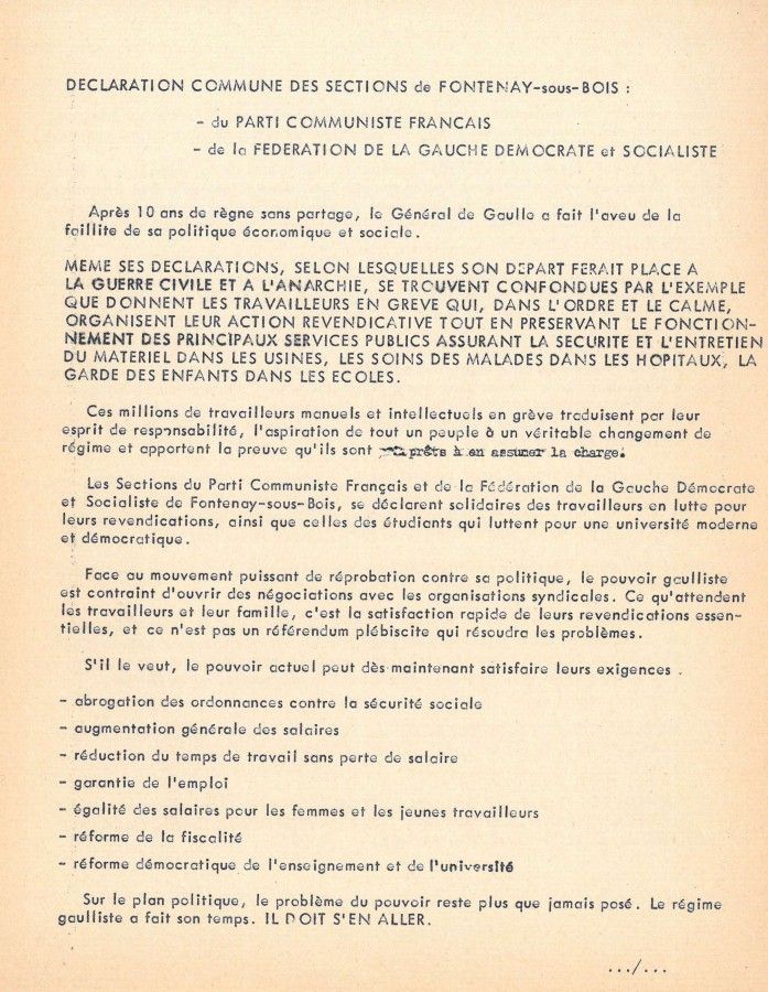 Déclaration commune des sections fontenaysiennes du Parti Communiste Français et Fédération de la Gauche Démocrate et Socialiste, page 1, sans date. 