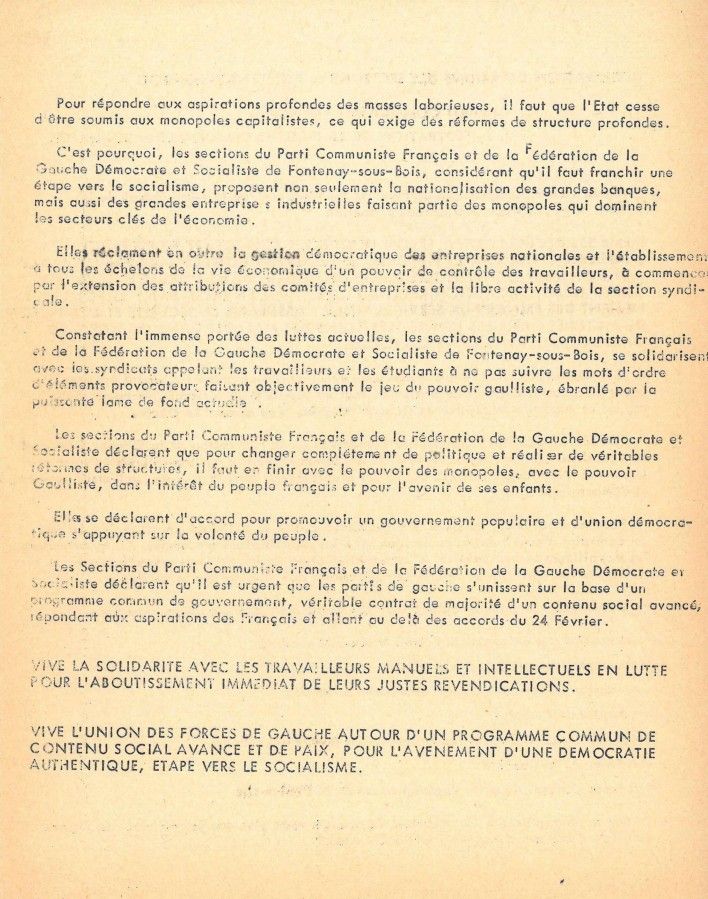 Déclaration commune des sections fontenaysiennes du Parti Communiste Français et Fédération de la Gauche Démocrate et Socialiste, page 2, sans date. 