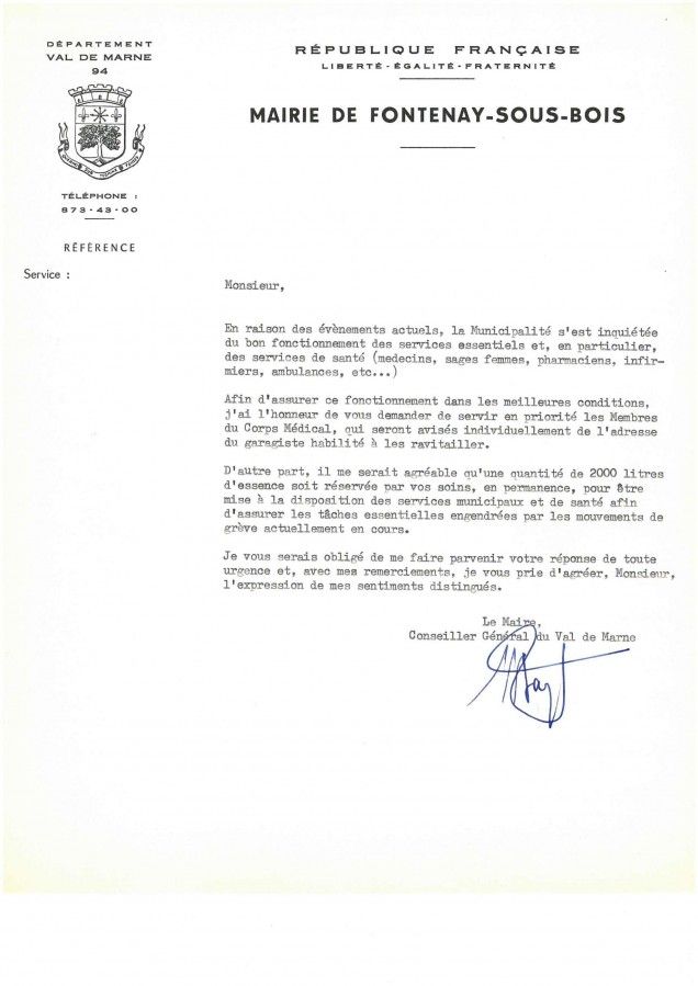 Lettre du maire aux garagistes organisant l'approvisionnement en essence des professionnels de la santé