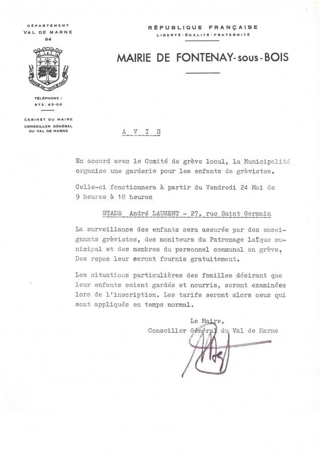 Avis de la municipalité à la population sur l'organisation de garderies d'enfants grévistes