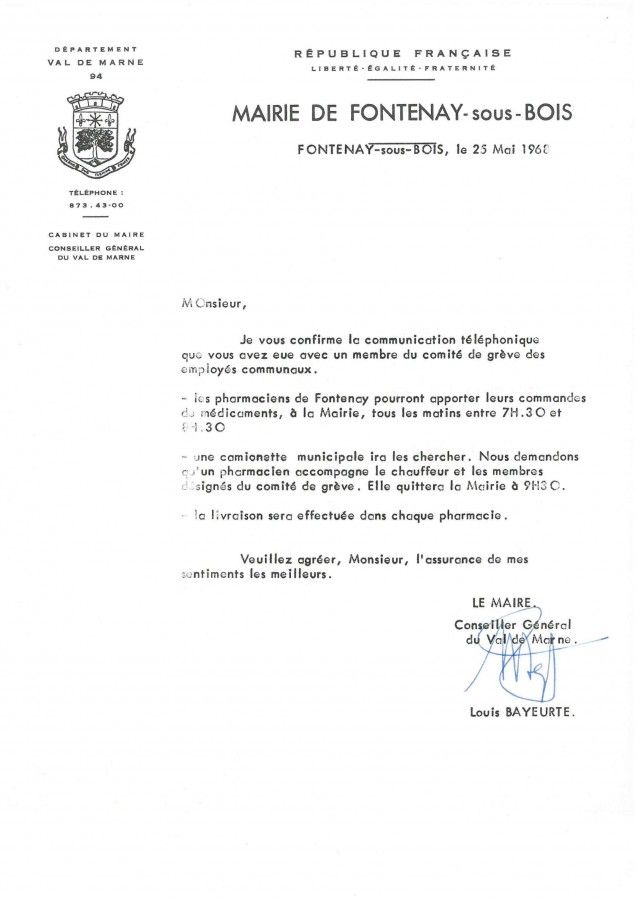 Lettre du maire aux pharmaciens organisant l'approvisionnement en médicaments, 25 mai 1968. 