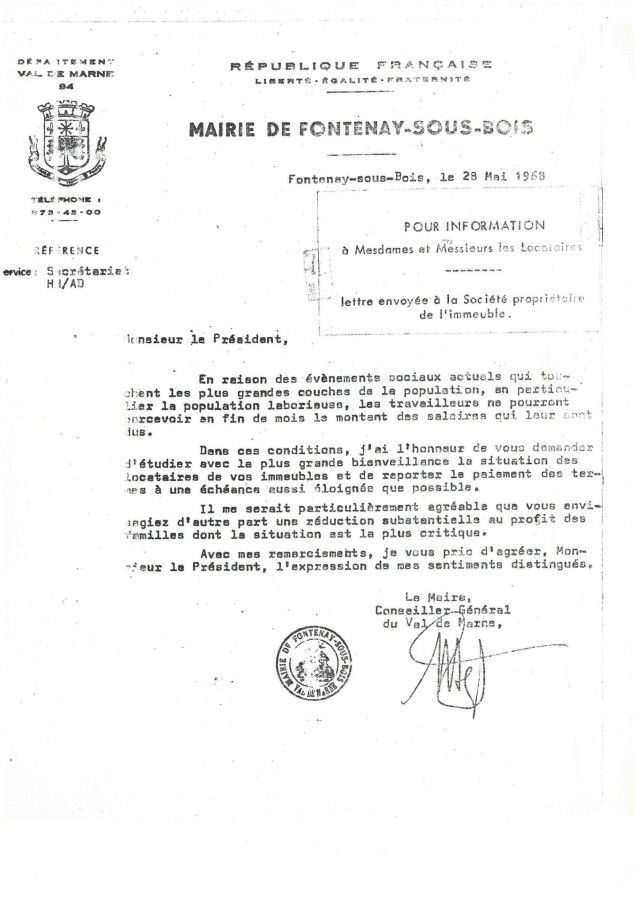 Lettre du maire aux propriétaires de logements concernant les loyers impayés, 28 mai 1968. 