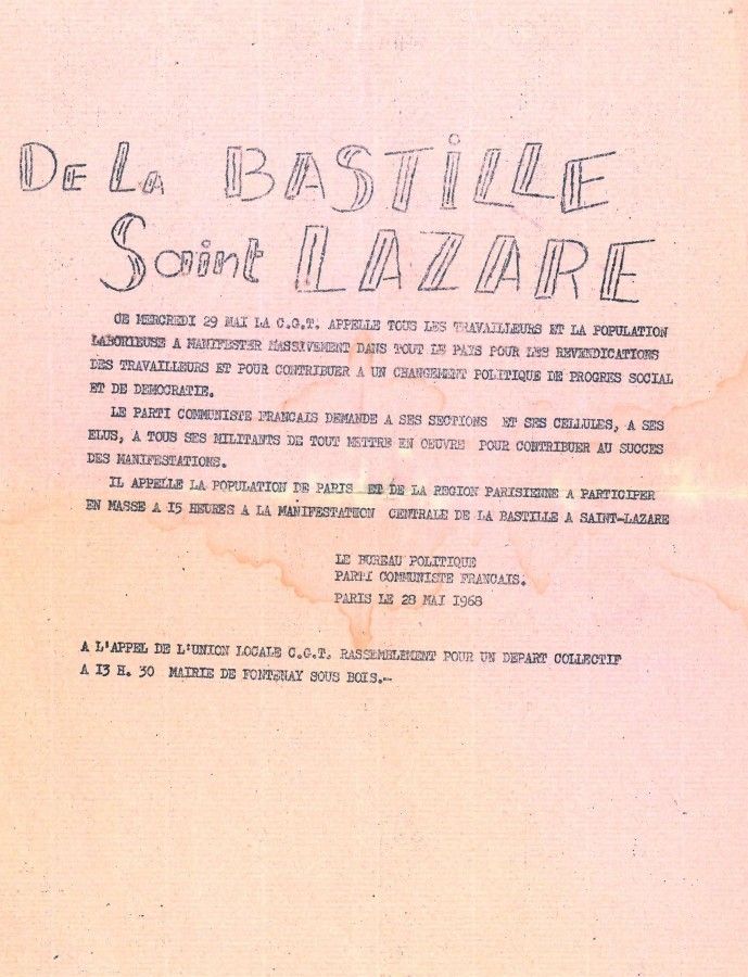 Tract du Parti Communiste Français pour un rassemblement à Paris, 29 mai 1968. 