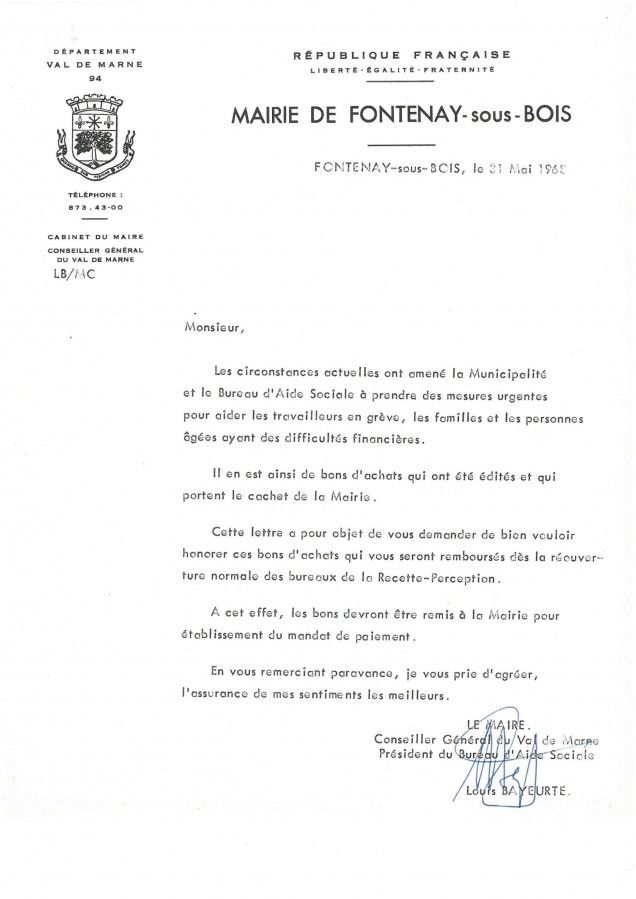 Lettre du maire aux commerçants organisant un système de bon d'achat, 31 mai 1968. 