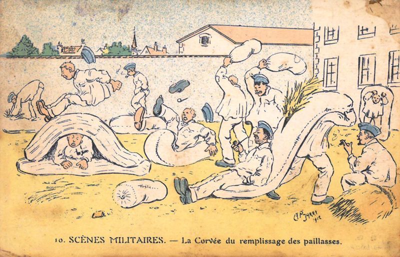 Carte postale de scènes militaires humoristiques, 1912