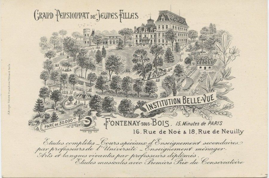 Grand pensionnat de jeunes filles, Institution Belle-vue, carte  postale 1908