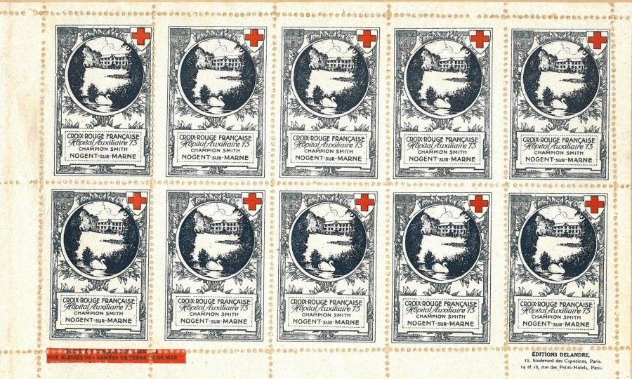 Carnet de timbres Croix-Rouge Française de l'Hôpital auxiliaire 73 Champion Smith de Nogent sur Marne, 1916 Fonds D. Codevelle