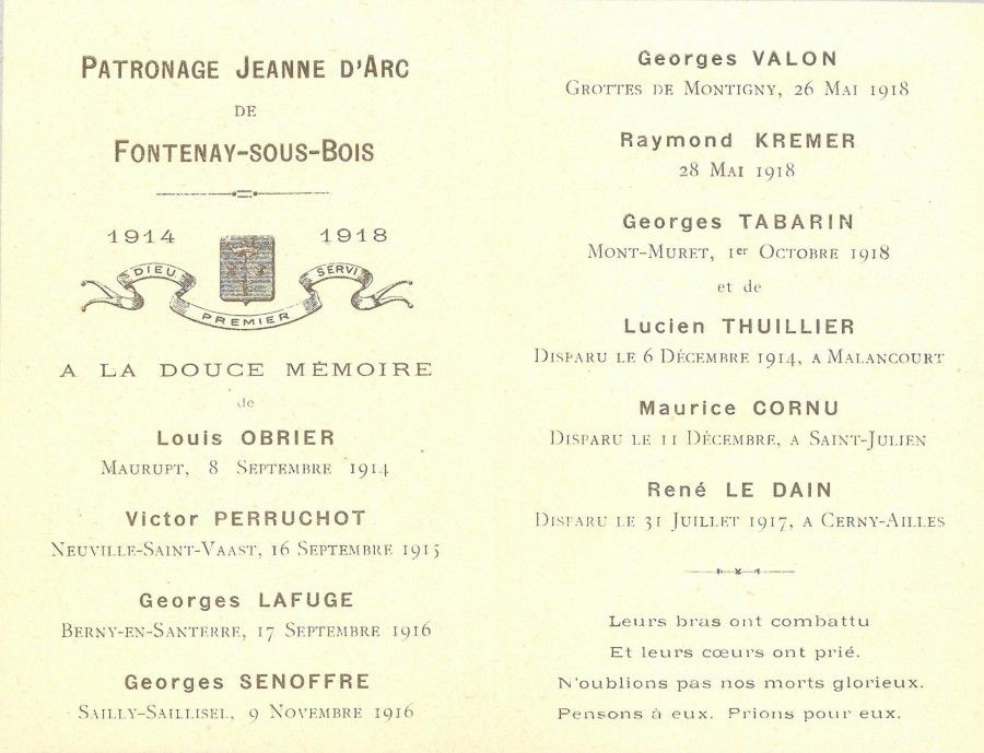 Livret d'hommage du patronage Jeanne d'Arc aux Morts pour la France, sans date Fonds D. Codevelle