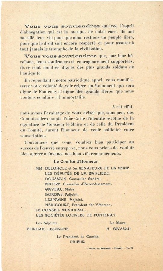 Affichette, (Annonce de la souscription pour l'érection d'un monument aux morts de la guerre), 1921