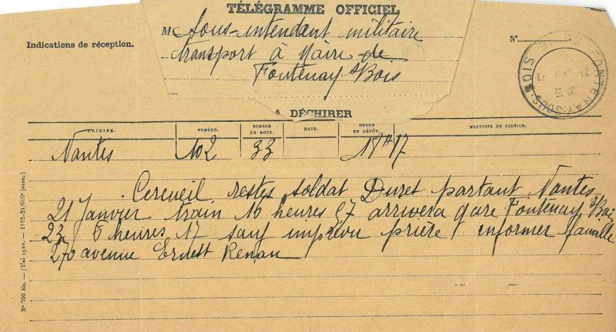 Télégramme, Sous-intendant militaire transport à Maire de Fontenay-sous-Bois, [1921]