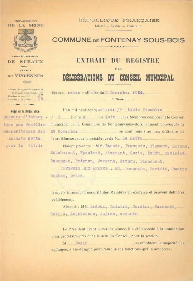 Extrait du registre des délibérations du conseil municipal, 1914
