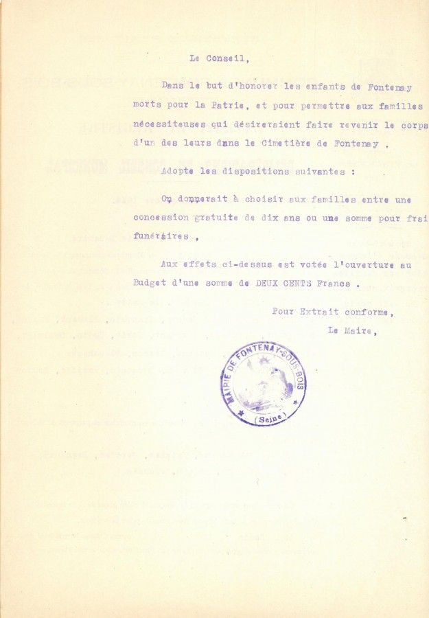 Extrait du registre des délibérations du conseil municipal, 3 décembre 1914