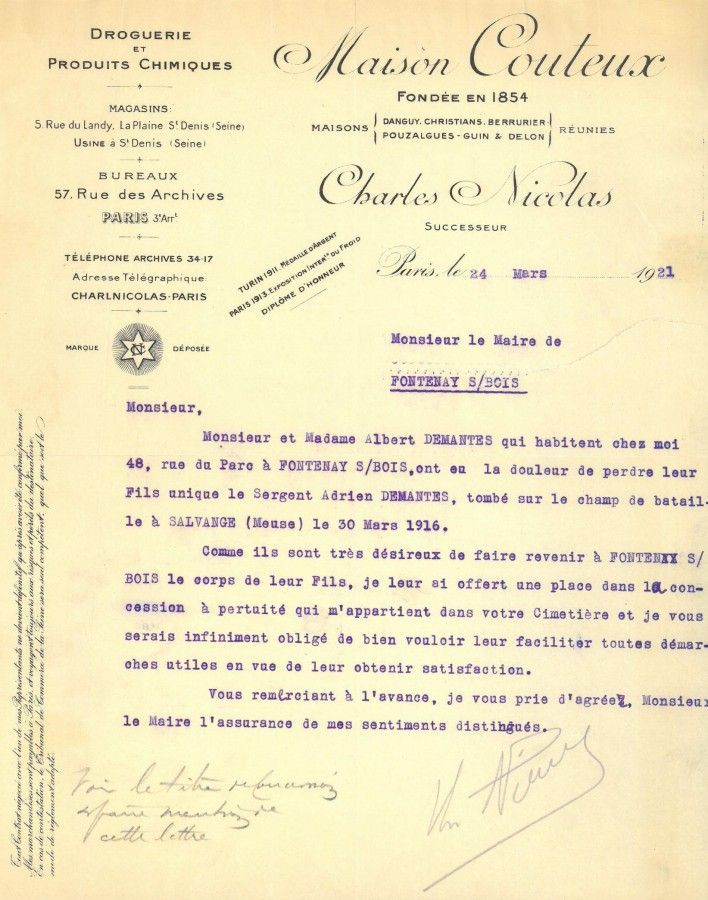 Lettre - Maison Couteux - Charles Nicolas, 1921 