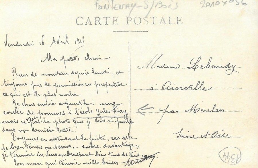 Verso de la carte-photo des soldats cantonnés à l'école Jules Ferry, corvée de patates, 1915.