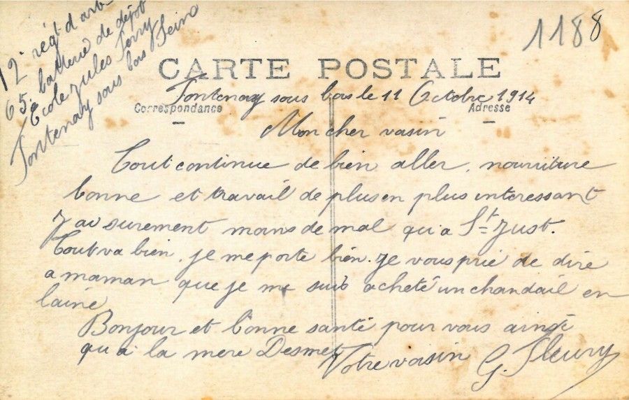 Verso d'une carte postale de soldats, classe 1914, octobre 1914.