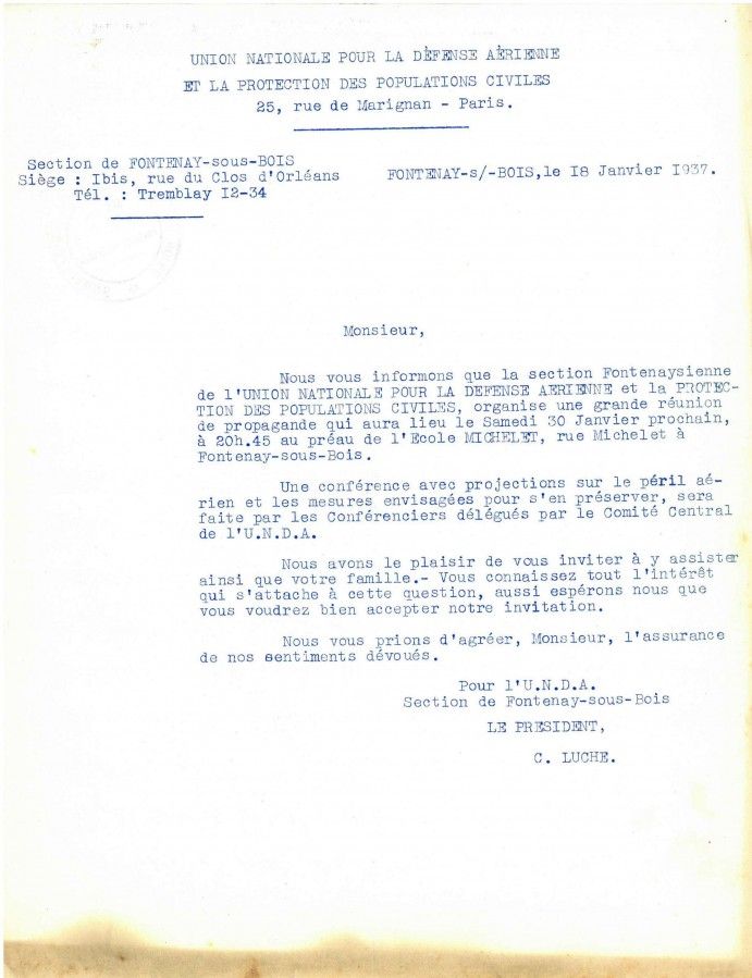Courrier d'invitation à une conférence sur le péril aérien, 1937. Archives municipales de Fontenay-sous-Bois (fonds D. Codevelle)