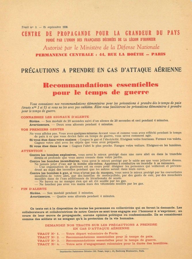 Tract sur les précautions à prendre en cas d'attaque aérienne, septembre 1938. Archives municipales de Fontenay-sous-Bois (Fonds D. Codevelle)