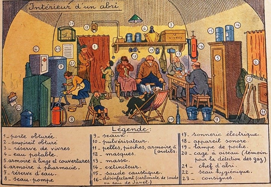 Illustration de l'intérieur d'une cave-abri par Marcel Jeanjean,  extraite du manuel scolaire "Alerte aux avions", 1939, archives municipales de Fontenay-sous-Bois