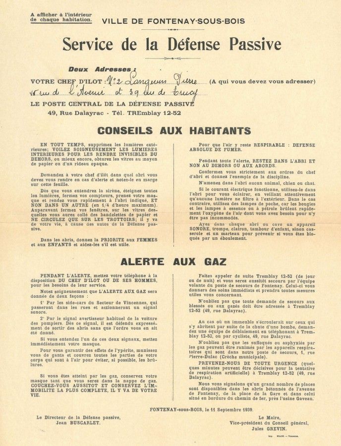 Affiche de conseils aux habitants de l'îlot n° , Service de la Défense Passive de Fontenay-sous-Bois, 1939, archives municipales de Fontenay-sous-Bois (Fonds D. Codevelle)