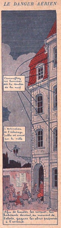 Illustration de Marcel Jeanjean  de la descente dans une cave-abri, extraite du manuel scolaire "Alerte aux avions", 1939. archives municipales de Fontenay-sous-Bois