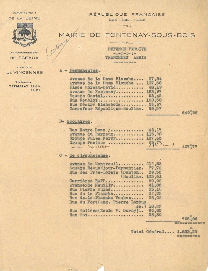 Liste des abris, sans date, archives municipales de Fontenay-sous-Bois